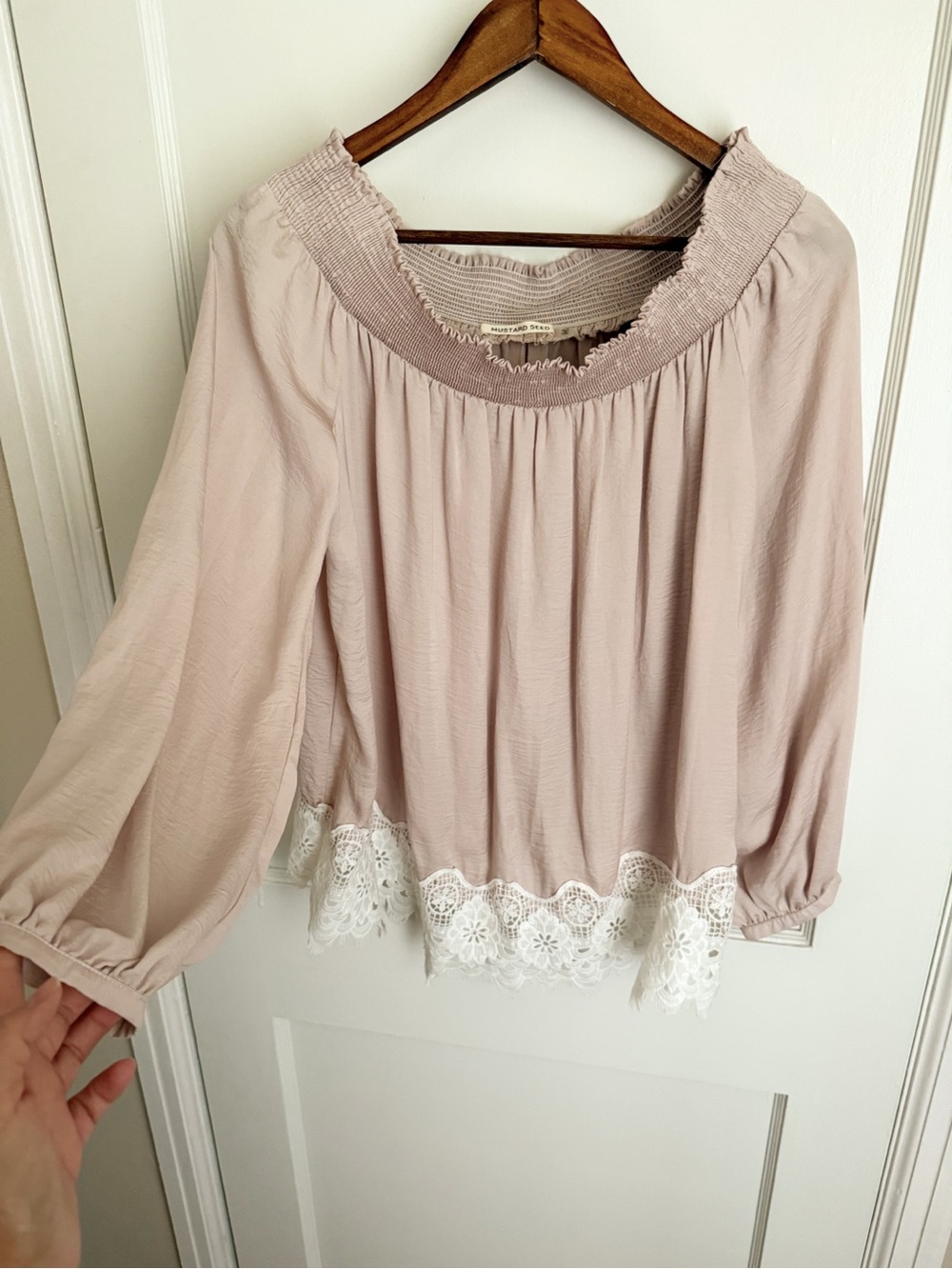 Mustard Seed Blush Pink Smocked Neck Blouse with White Lace Trim - Picture 4 of 9
